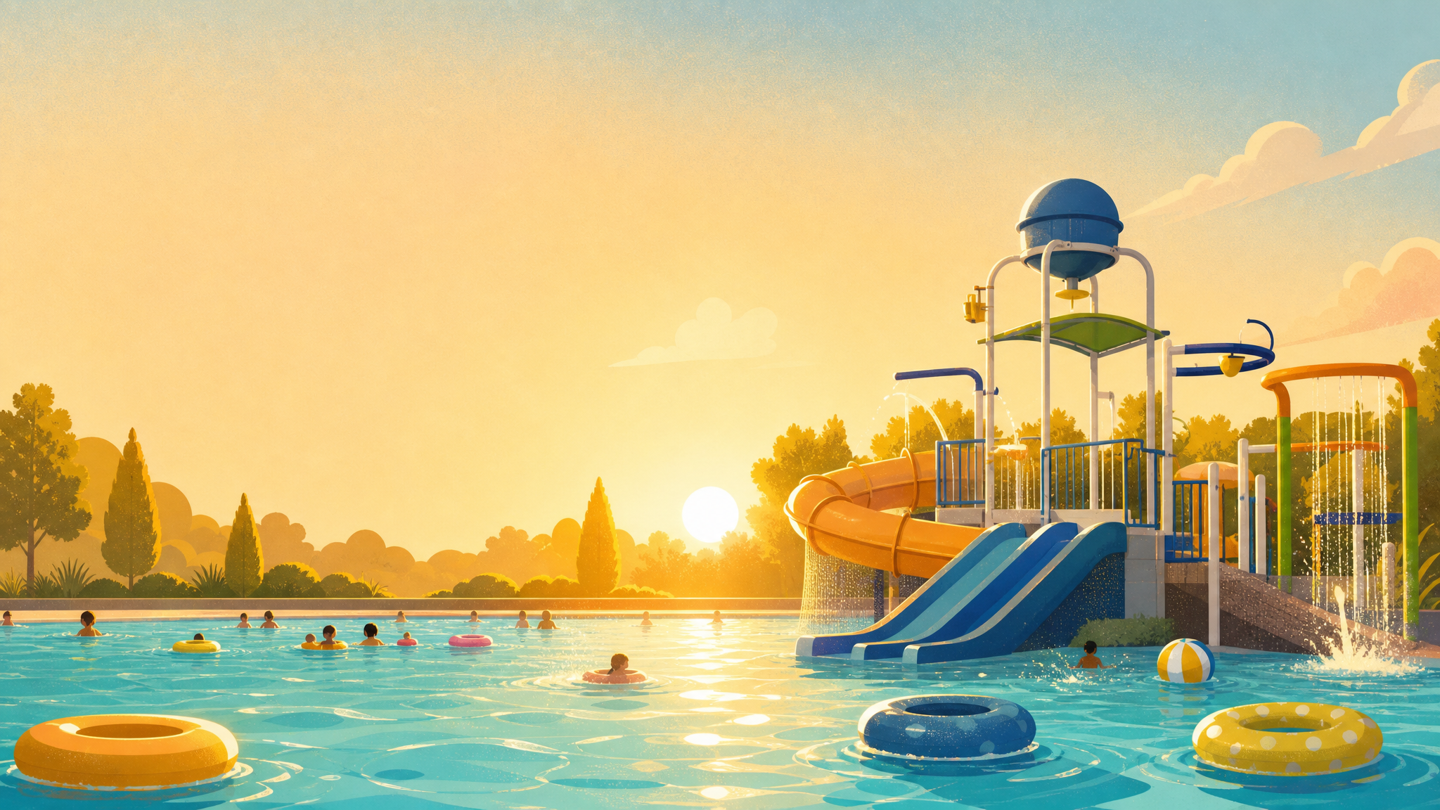 Illustration of families swimming at an outdoor waterpark at sunset